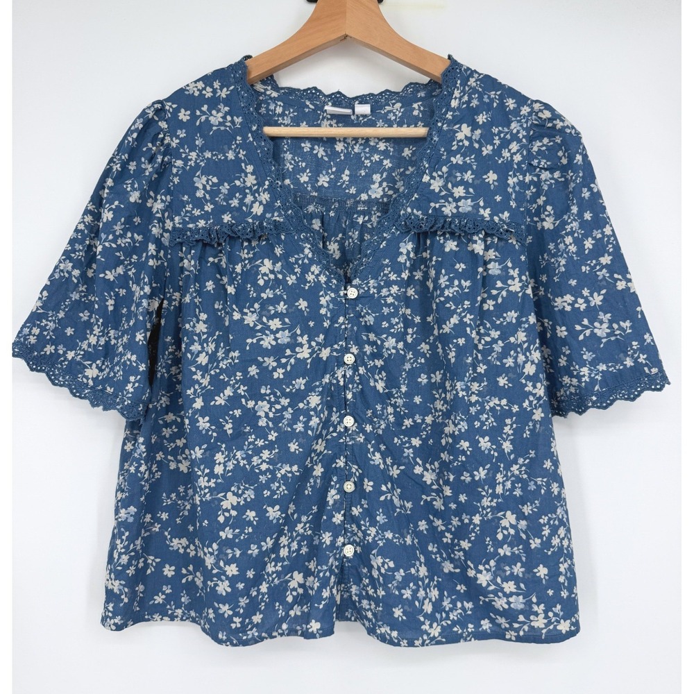 Gap Blue Floral Eyelet Lace Trim Button Front Short Sleeve Blouse XS Prairie